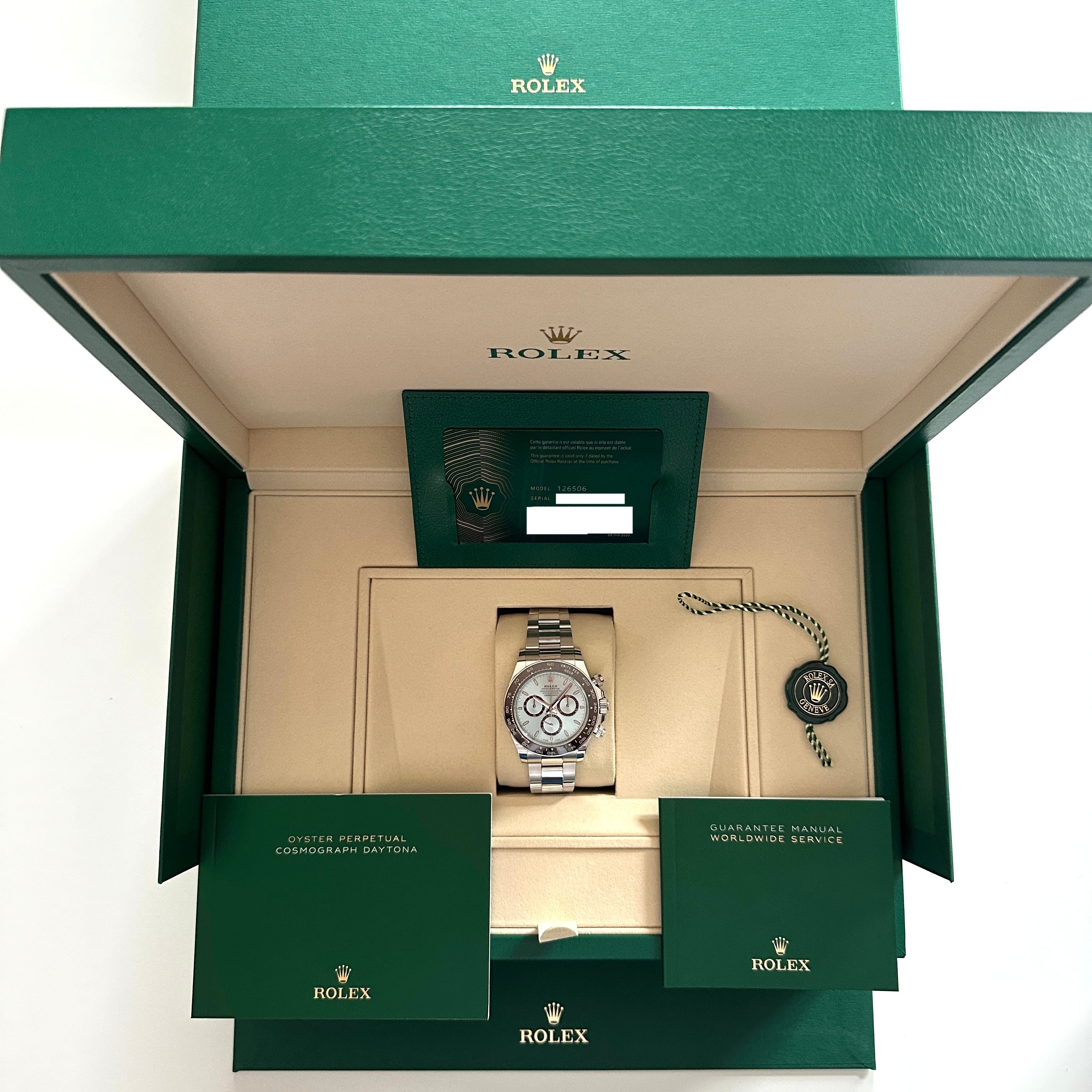 Rolex Daytona Platin Ice Blue 126506 in einer grünen Box mit Papieren