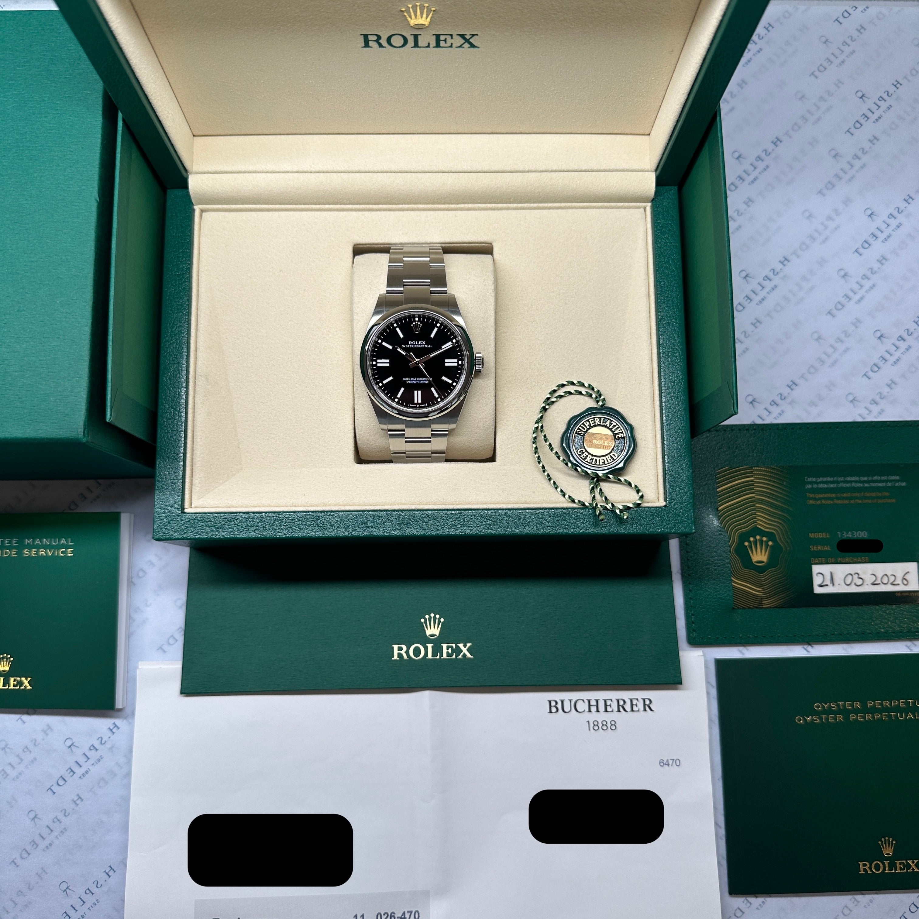 Oyster Perpetual 41 mm / 134300 / Black Dial / All Links / pretty Condt. / Box + Paper + Invoice / Germany LC100 03.2026