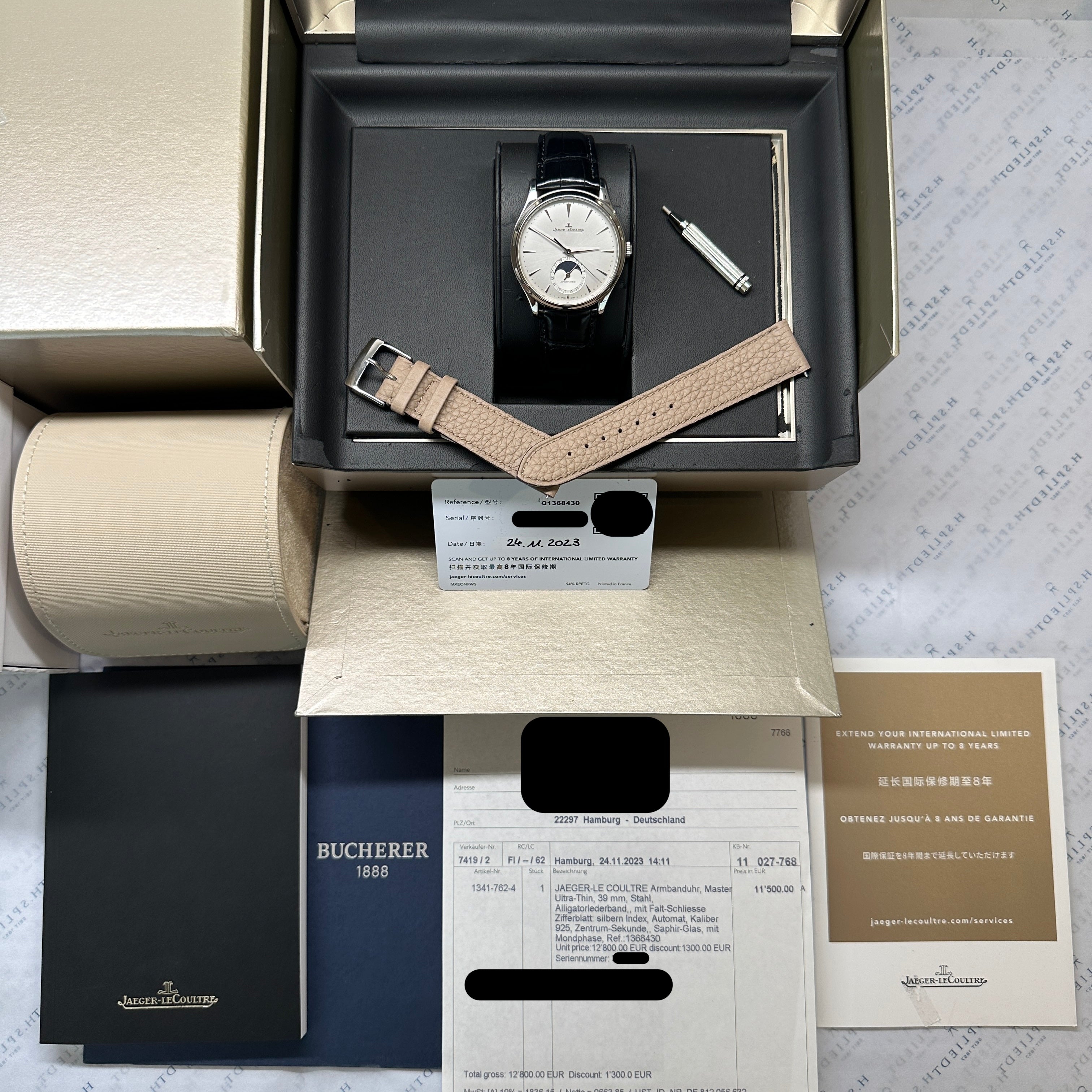 Master Ultra Thin Moonphase / Folding Clasp / Second Strap / On Stock / Full Set + Invoice very good Condition / Warranty till 2031 / Germany 2023