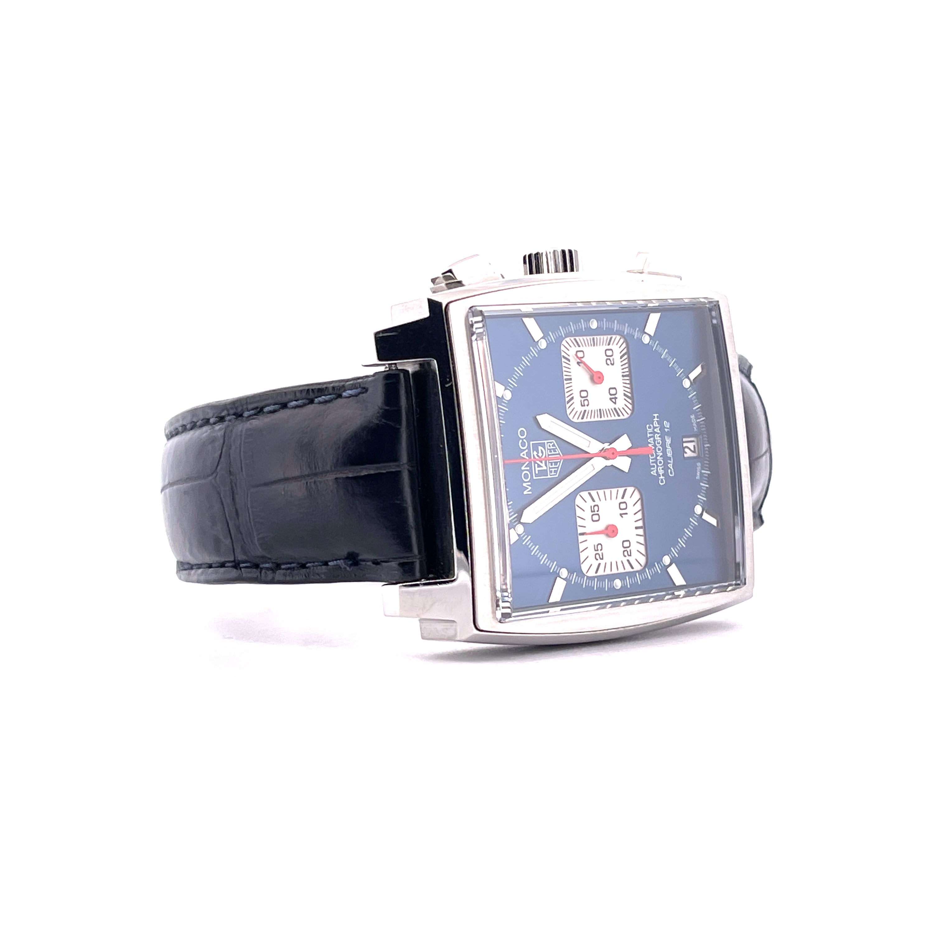 Tag Heuer Monaco CAW2111 mit blauem Zifferblatt, Edelstahlgehäuse und schwarzem Lederarmband