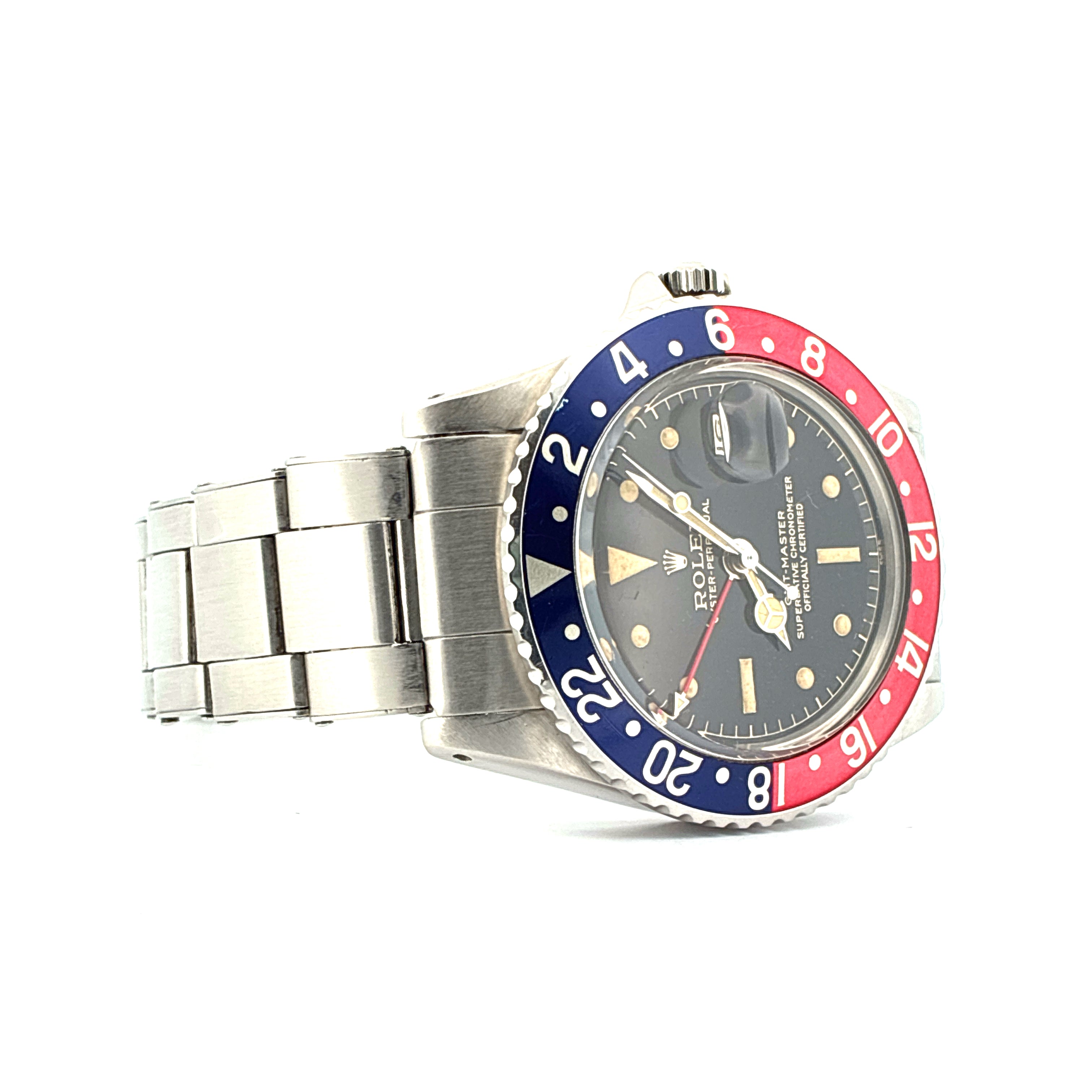 GMT-Master / Vintage / Radium / Pointed crown guard / org. Box / Glossy Gilt Dial / Vintage / 1963 / very good condt. / Rolex Rivet Stratch Bracelet