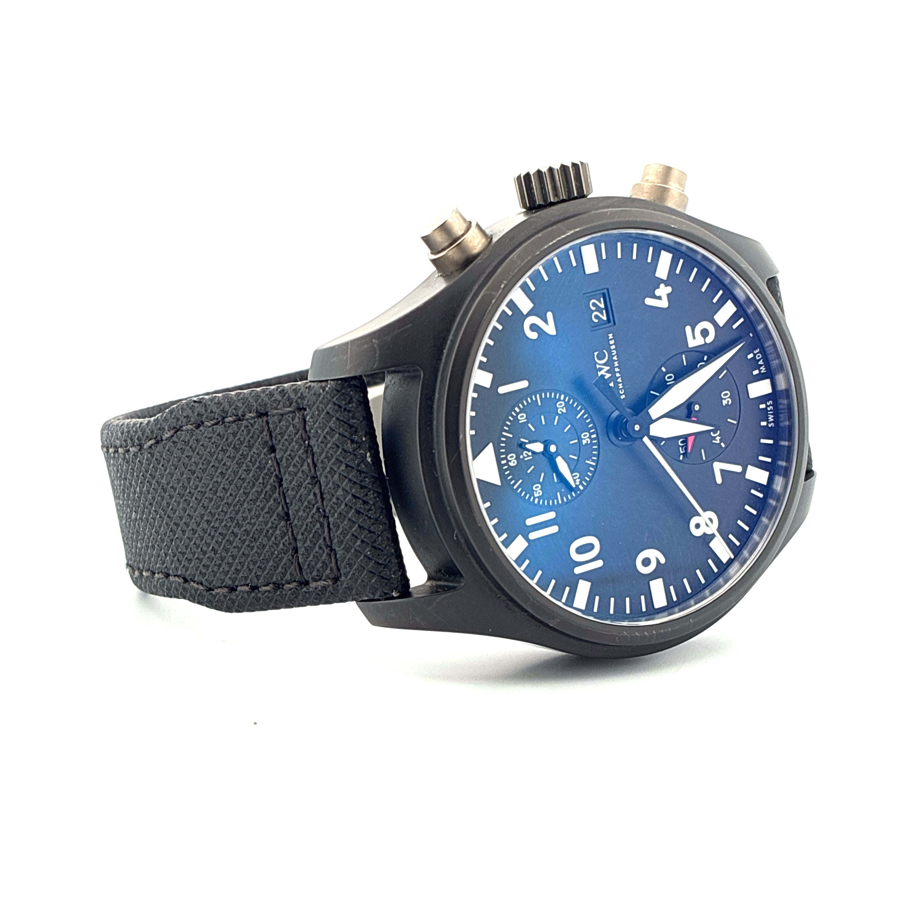 IWC Fliegeruhr Chronograph Top Gun Keramik mit blauem Zifferblatt und schwarzem Armband
