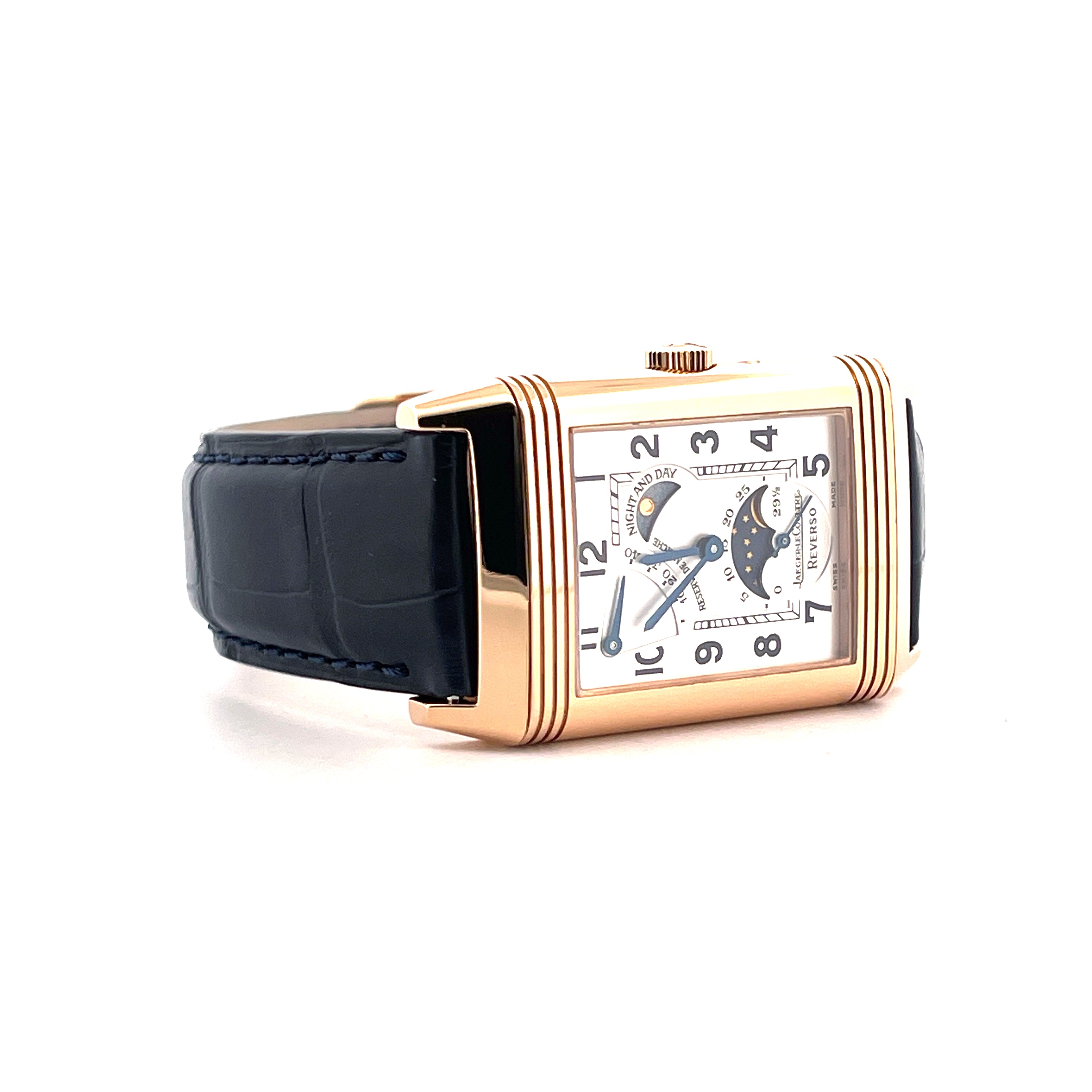 Reverso Sun Moon Roségold / 2 Straps / Leatherstrap new / On stock / 2 years Warranty / Box and Documents / pretty good Condition / Ref. 270.2.63