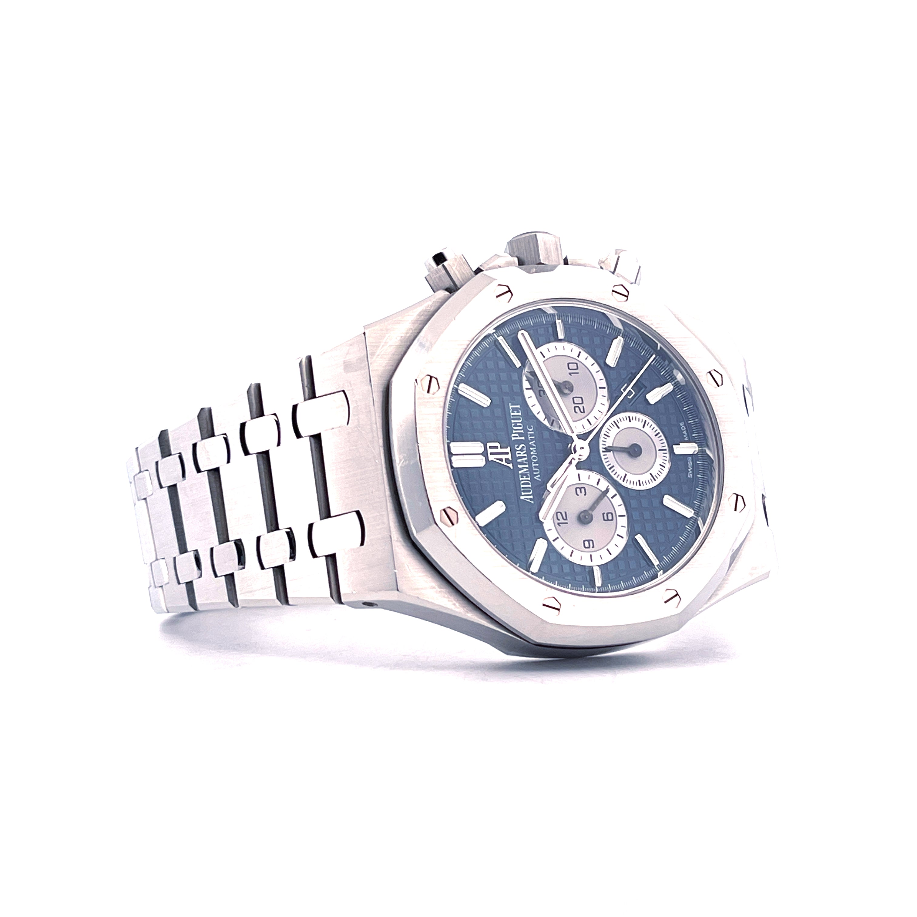 Audemars Piguet Royal Oak Chronograph, blaues Zifferblatt, Stahlgehäuse und Armband