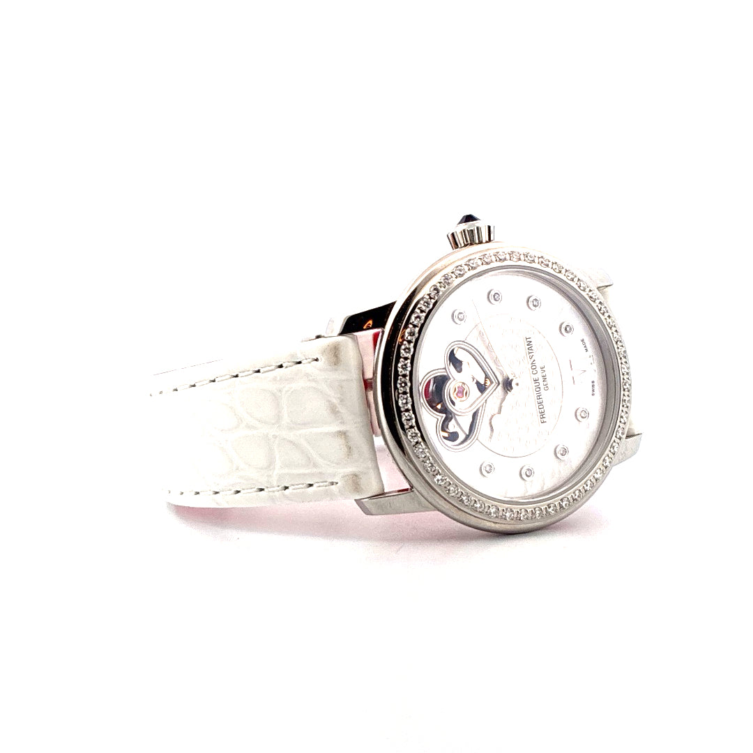 Frederique Constant Ladies Automatic Double Heart Beat 34mm, silbernes Zifferblatt, weißes Lederarmband mit Kristallbesatz…