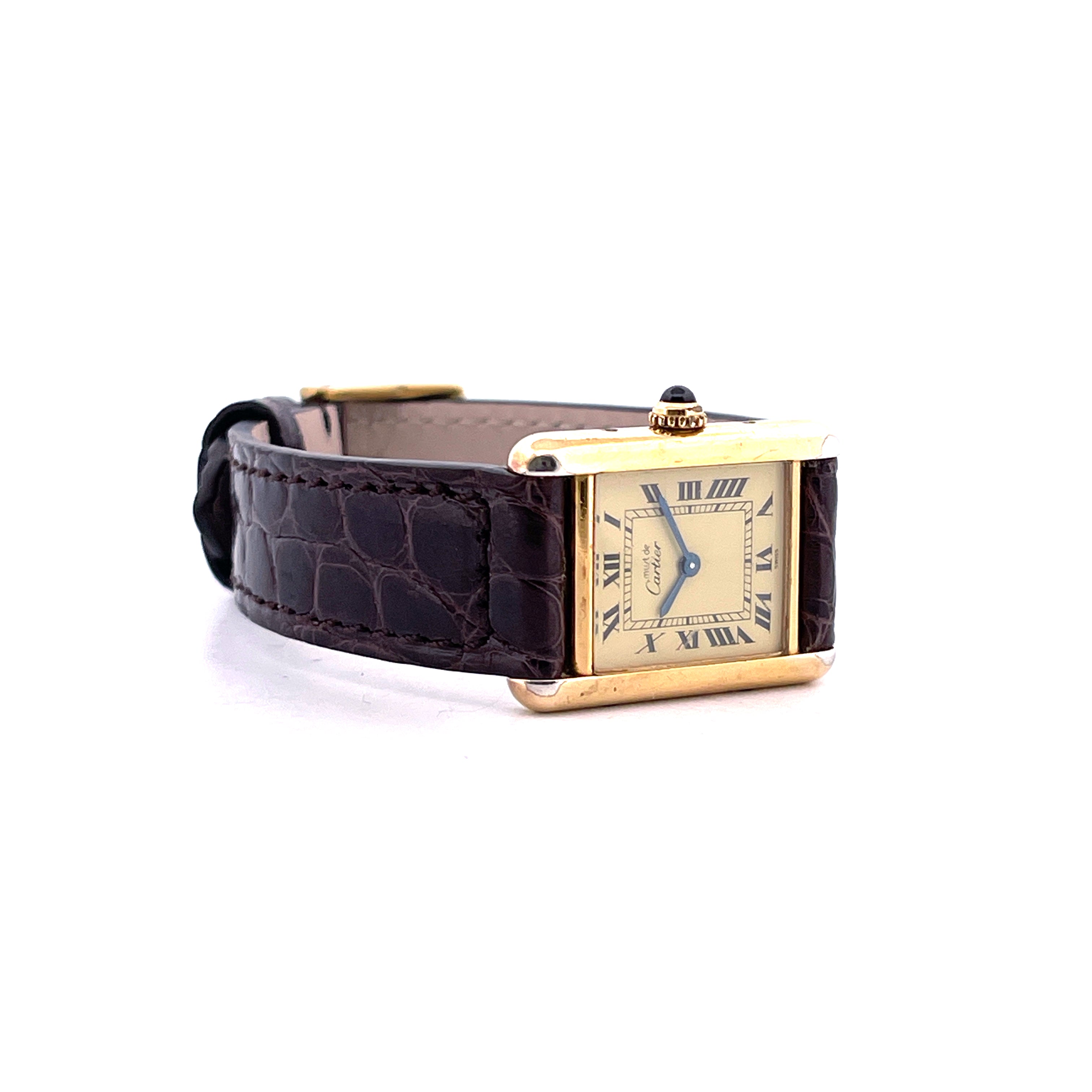 Cartier Tank Vermeil Ref. 5057001 Gelbgoldene Armbanduhr mit braunem Lederarmband und römischen Ziffern