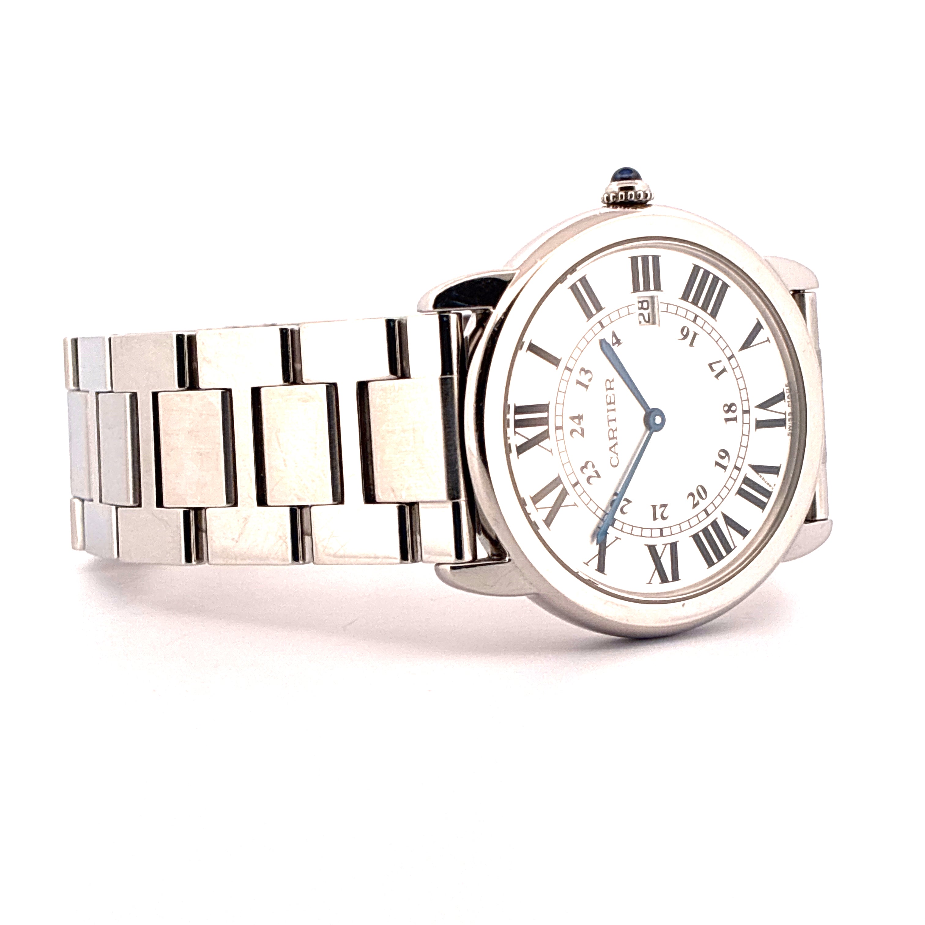 Cartier Ronde Solo de Cartier Automatik Herrenuhr aus Edelstahl mit weißem Zifferblatt und silbernem Gliederarmband