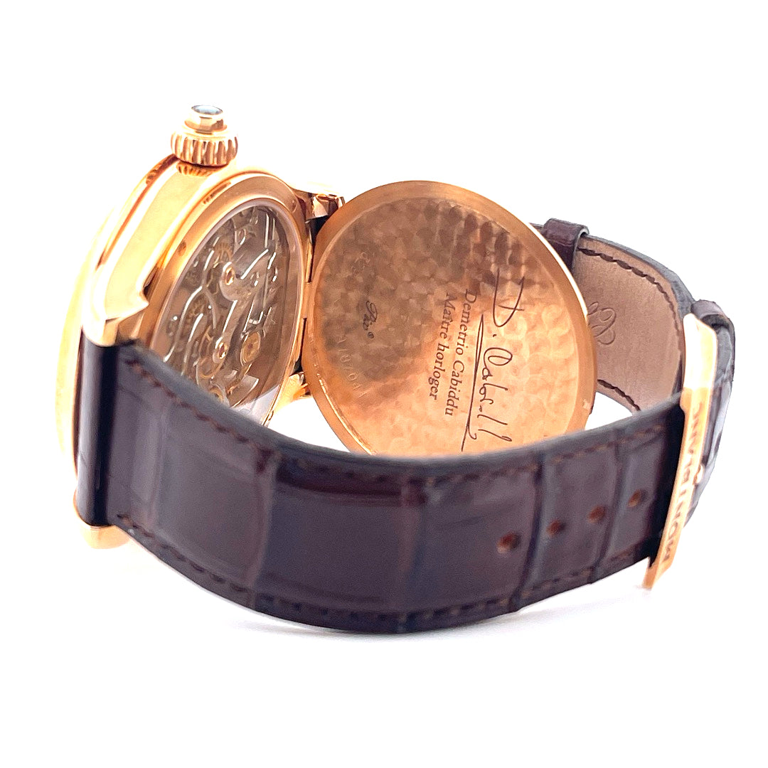 Montblanc Villeret 1858 Grand Chronographe Authentique, Rückansicht Roségoldgehäuse und braunes Lederarmband