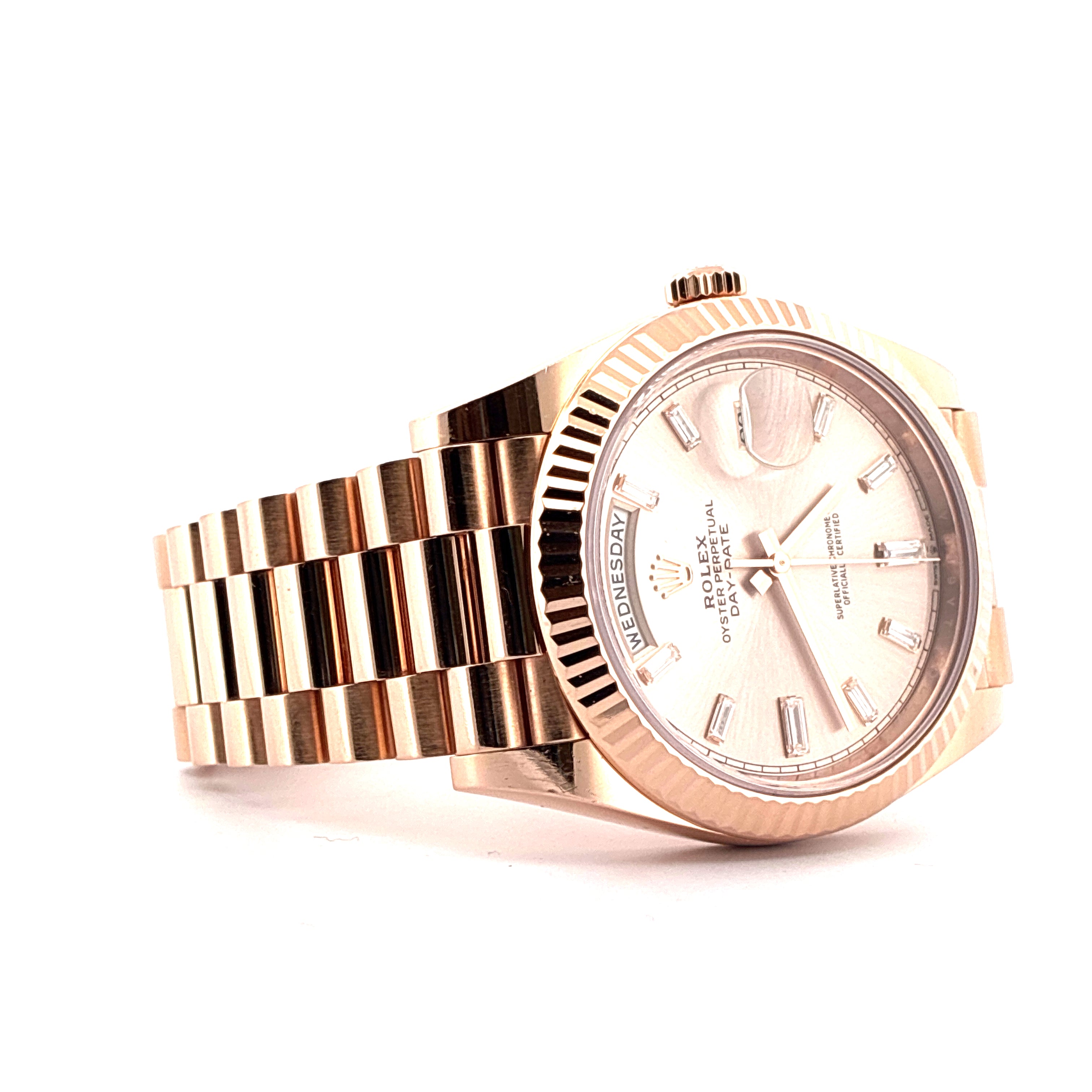 Day-Date 40 / Roségold / Rolex Service 2025 / Invoice / Baguette Factory Set / Pink Dial / Full-Set 2021